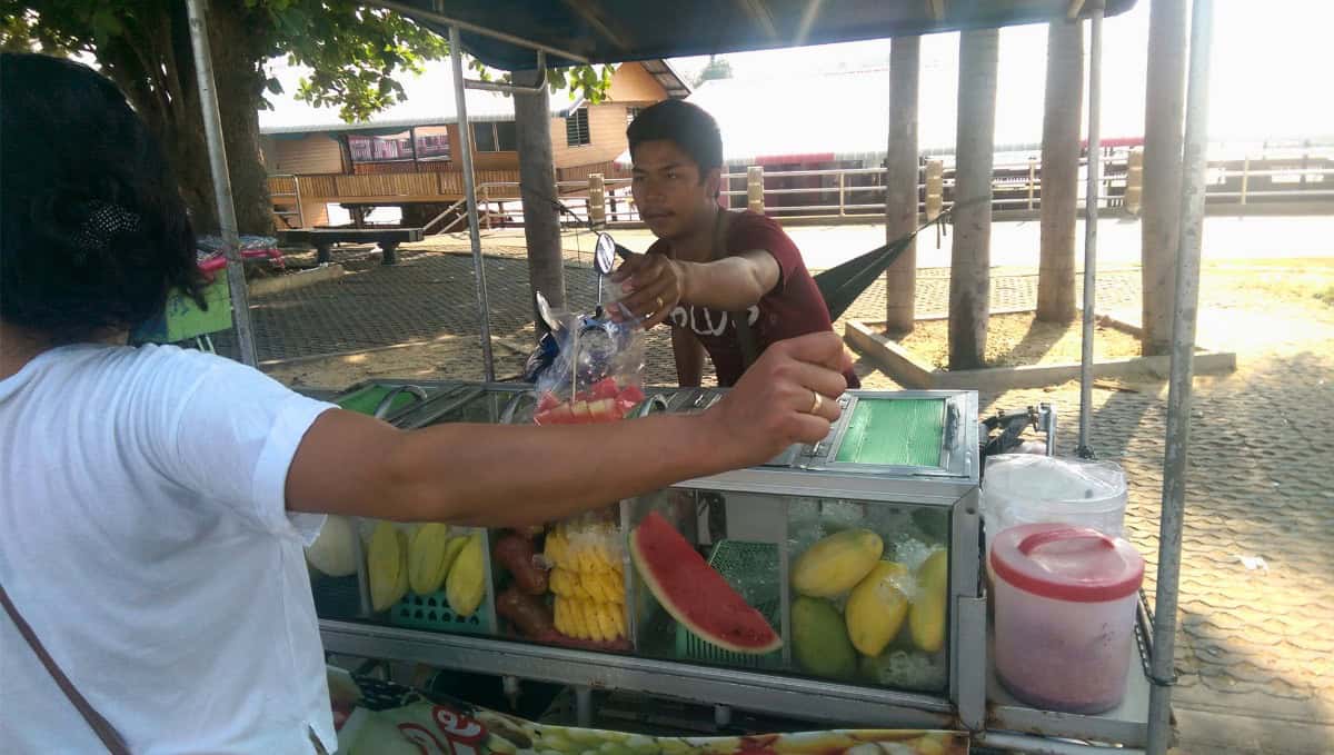 Thaise fruitkraam met vers fruit in Nederland, onder een parasol.
