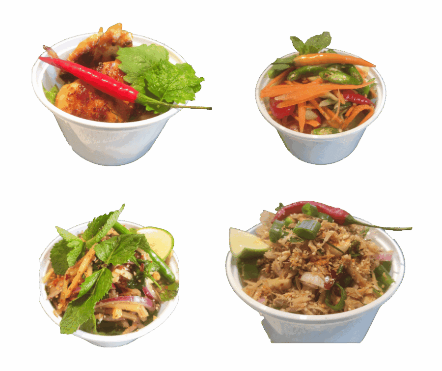 Verse Thaise gerechten in kleine kommen bij Siam Kitchen.