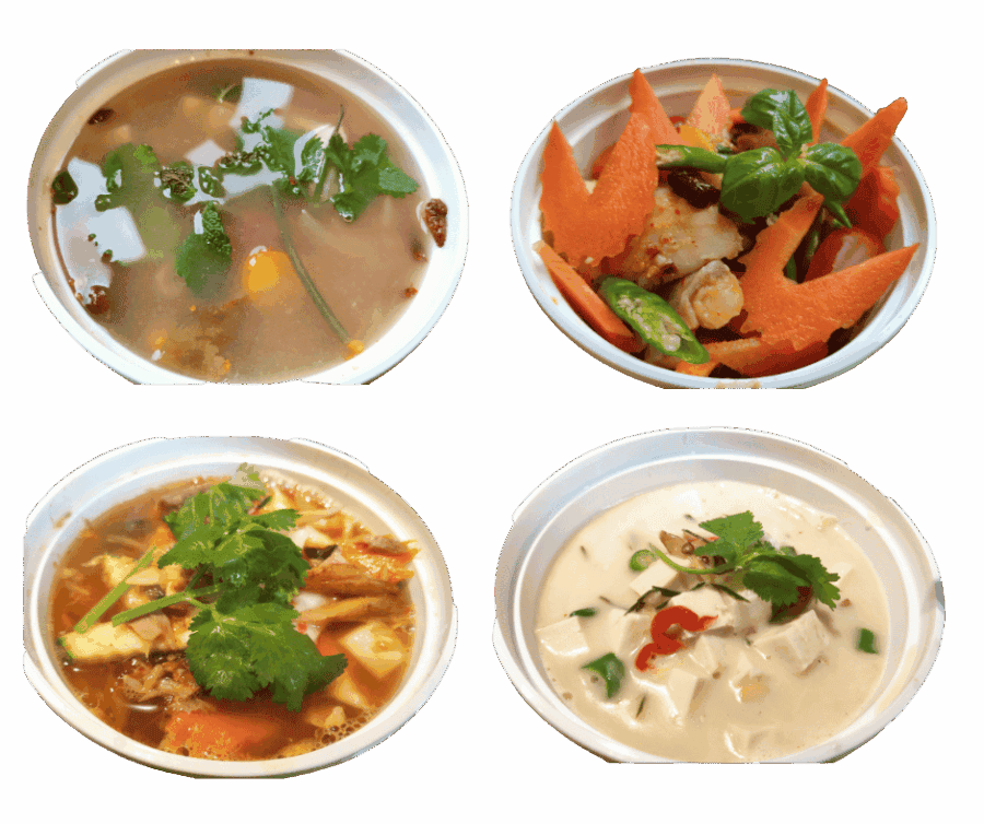 Traditionele Thaise soep en curry in kleurrijke bowls bij Siam Kitchen.