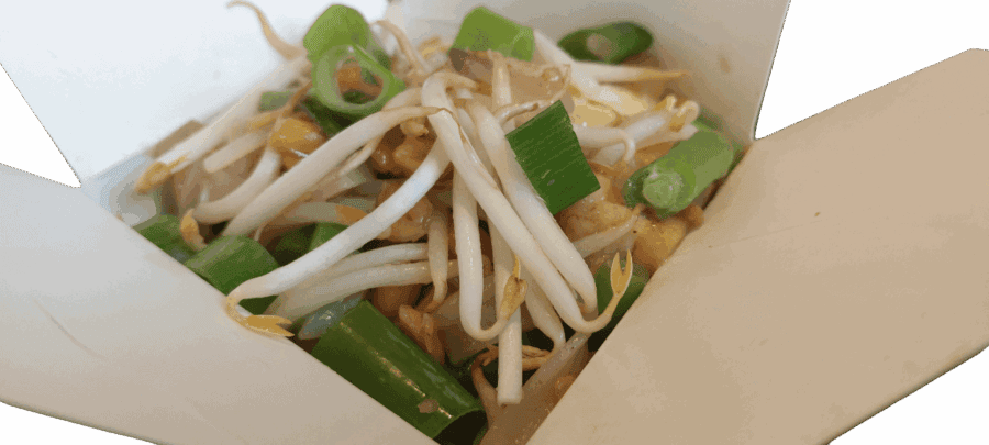 Verse Aziatische noedelmaaltijd met groenten en taugé in een take-away doos.