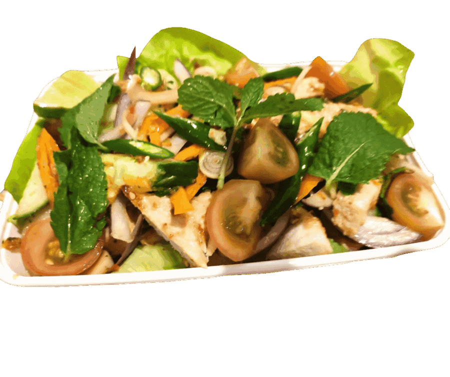 Verse Thaise salade met groenten, kip en kruiden op een witte schaal.