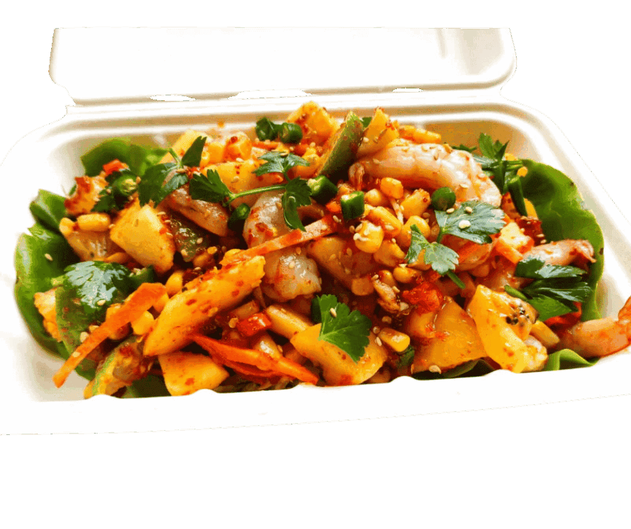 Verse Thaise maaltijd met groenten en garnalen in afhaalverpakking.