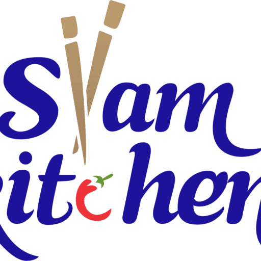 Logo van Siam Kitchen met eetstokjes en een chilipeper.